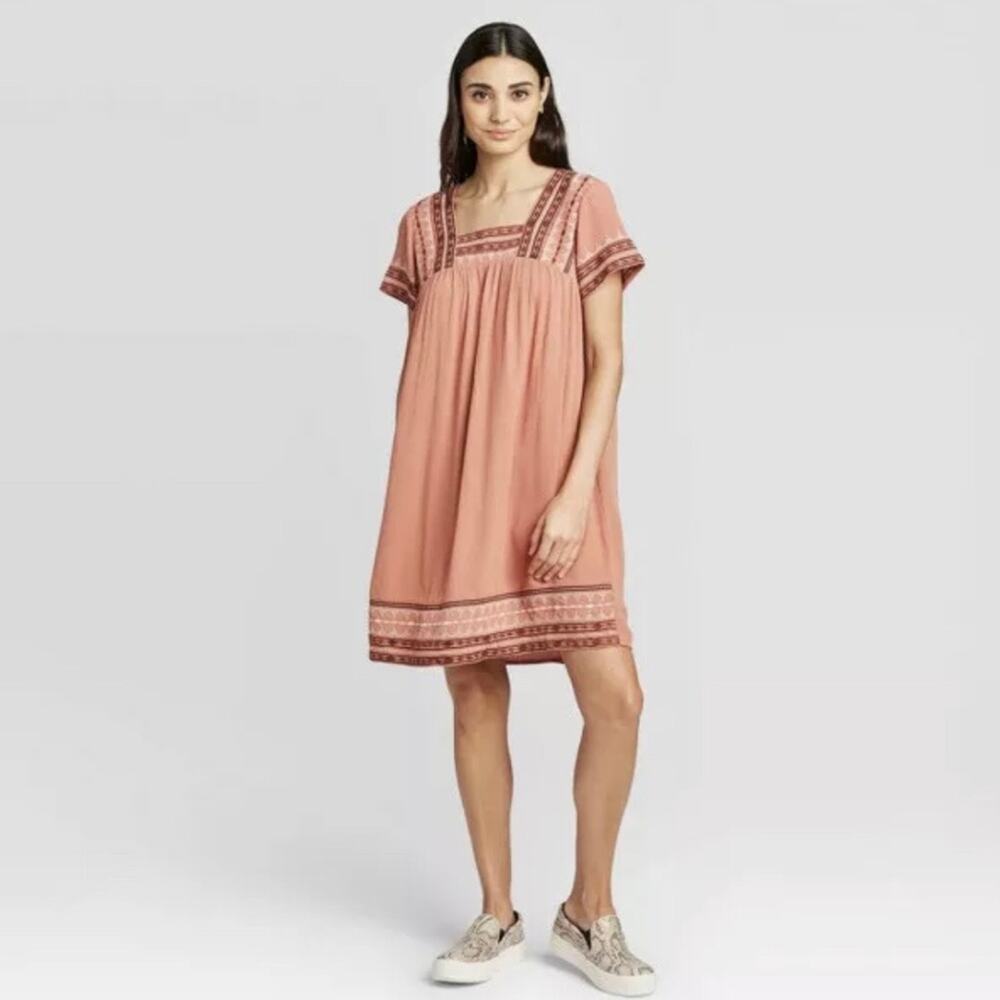 NEW Knox Rose Women's Small Boho Embroidered Short Sleeve Dress Rust Pink